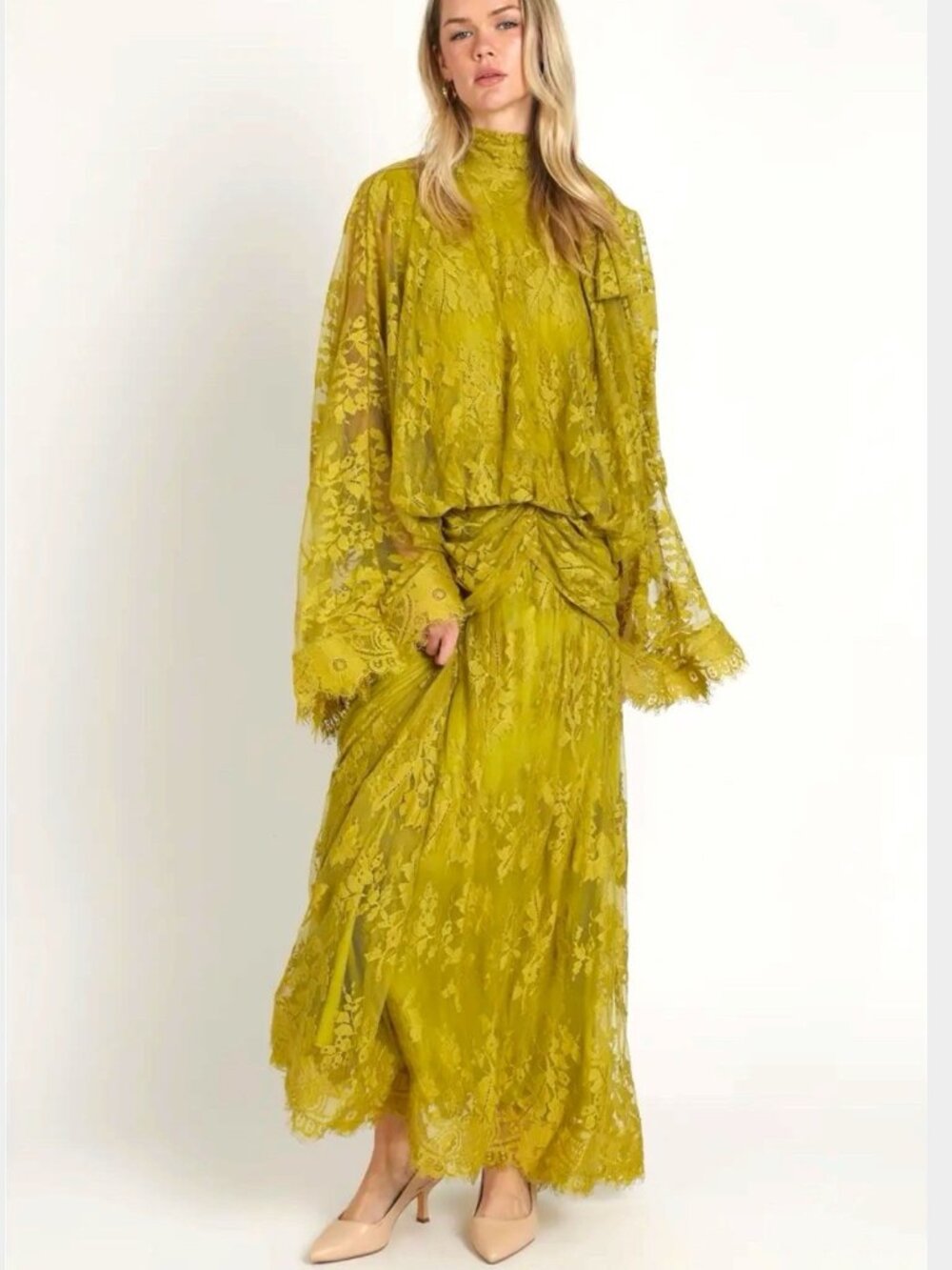 Beulah Style Mock-Neck Floral Lace Maxi Dress Cape-Style Sleeves Green SZ S M L